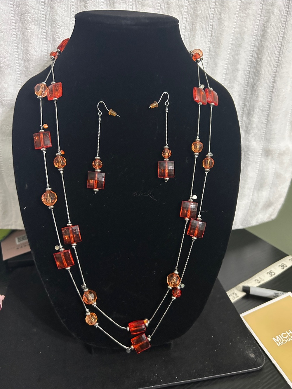 Elegant Orange Glass Bead Double-Strand Necklace with Matching Earrings